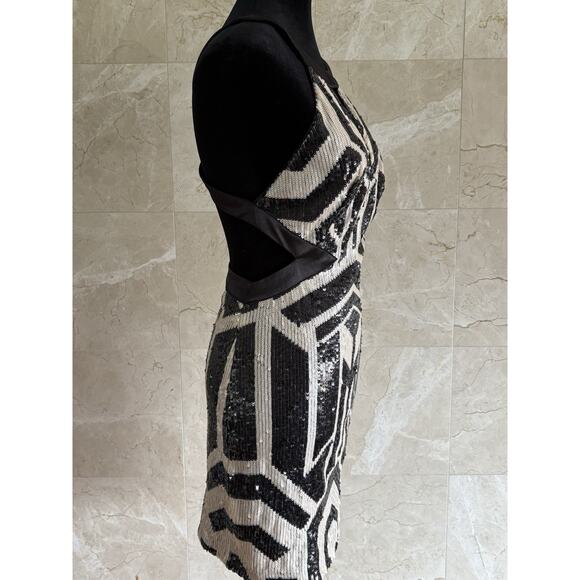 Vintage Y2K Bebe Geo Sequin Cutout Mini Dress - Small Black Cream Party Clubwear - Picture 4 of 7